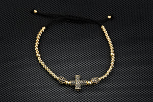 14K Gold Cross Bracelet with Black Zirconia – Handmade Luxury Jewelry GoldCraft