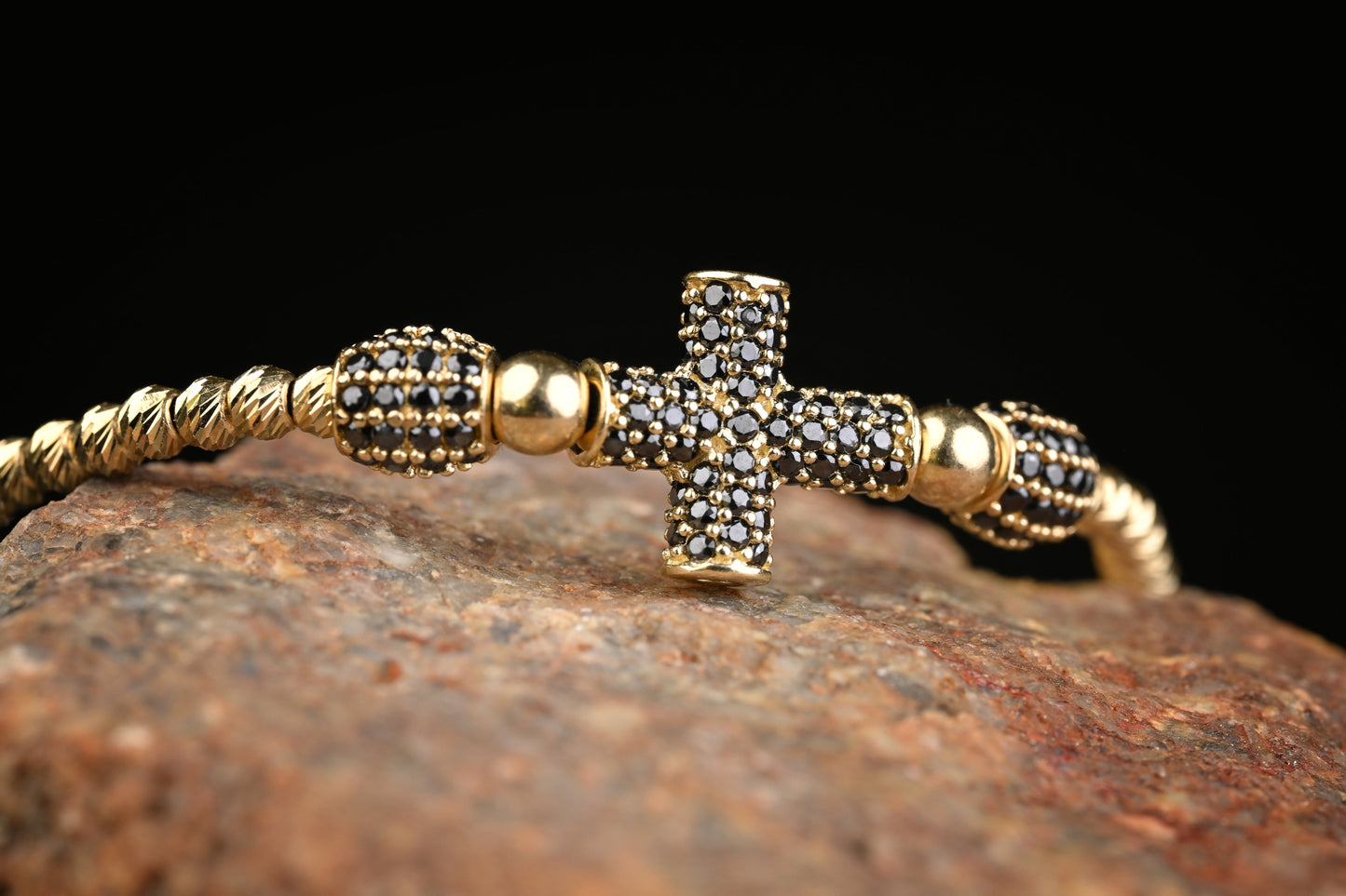 14K Gold Cross Bracelet with Black Zirconia – Handmade Luxury Jewelry GoldCraft