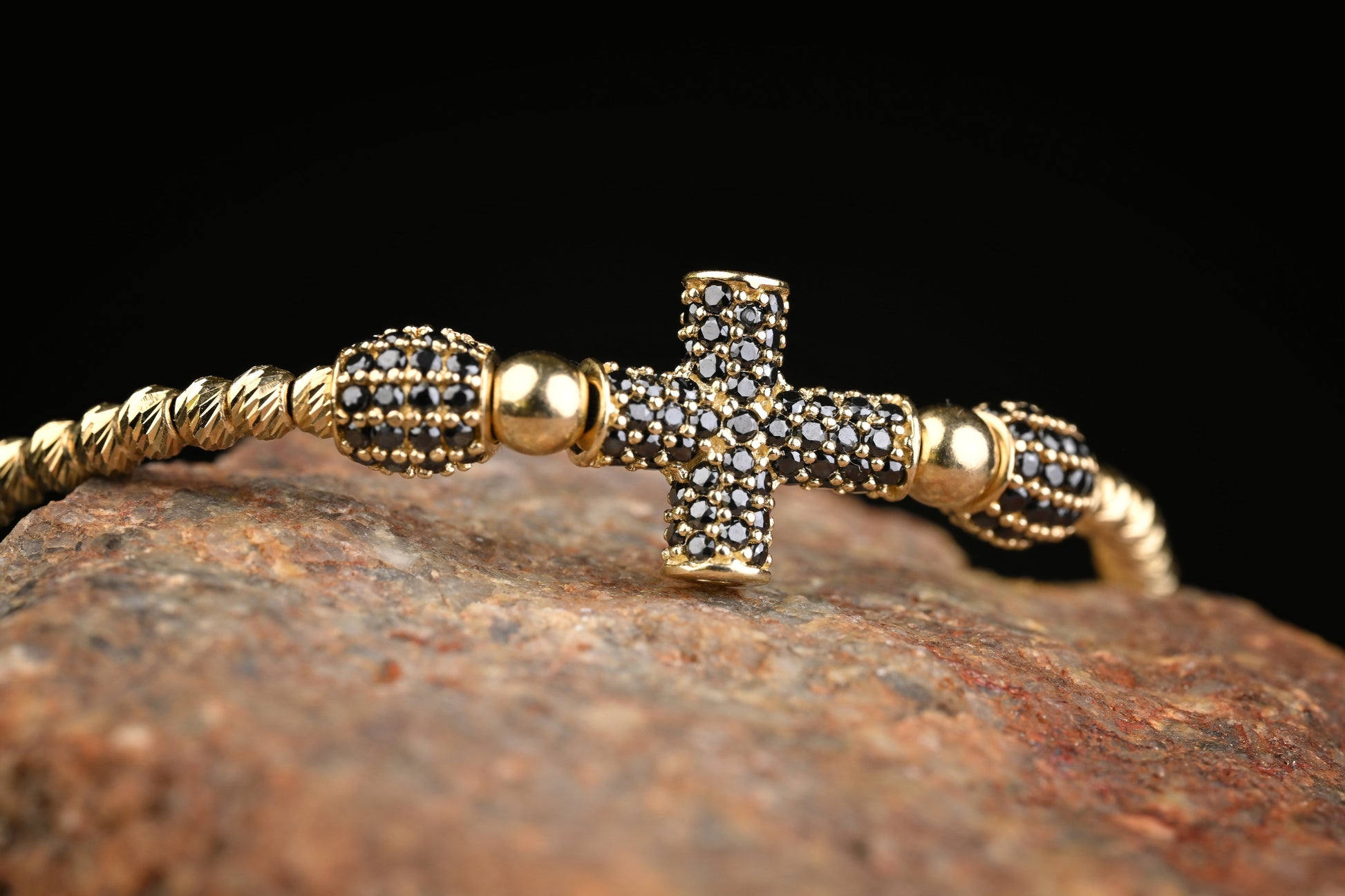 14K Gold Cross Bracelet with Black Zirconia – Handmade Luxury Jewelry GoldCraft