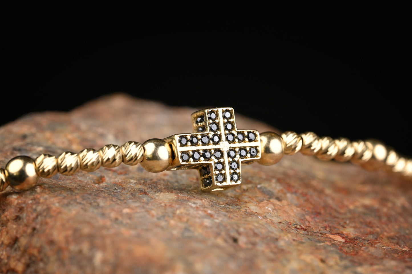 14K Gold Cross Bracelet with Black Zirconia – Handmade Luxury Jewelry GoldCraft