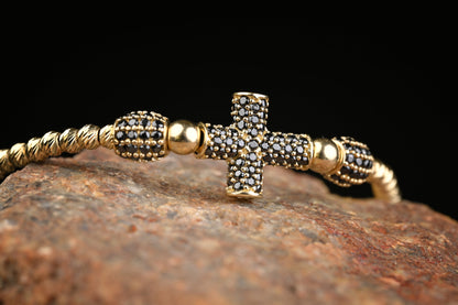 14K Gold Cross Bracelet with Black Zirconia – Handmade Luxury Jewelry GoldCraft